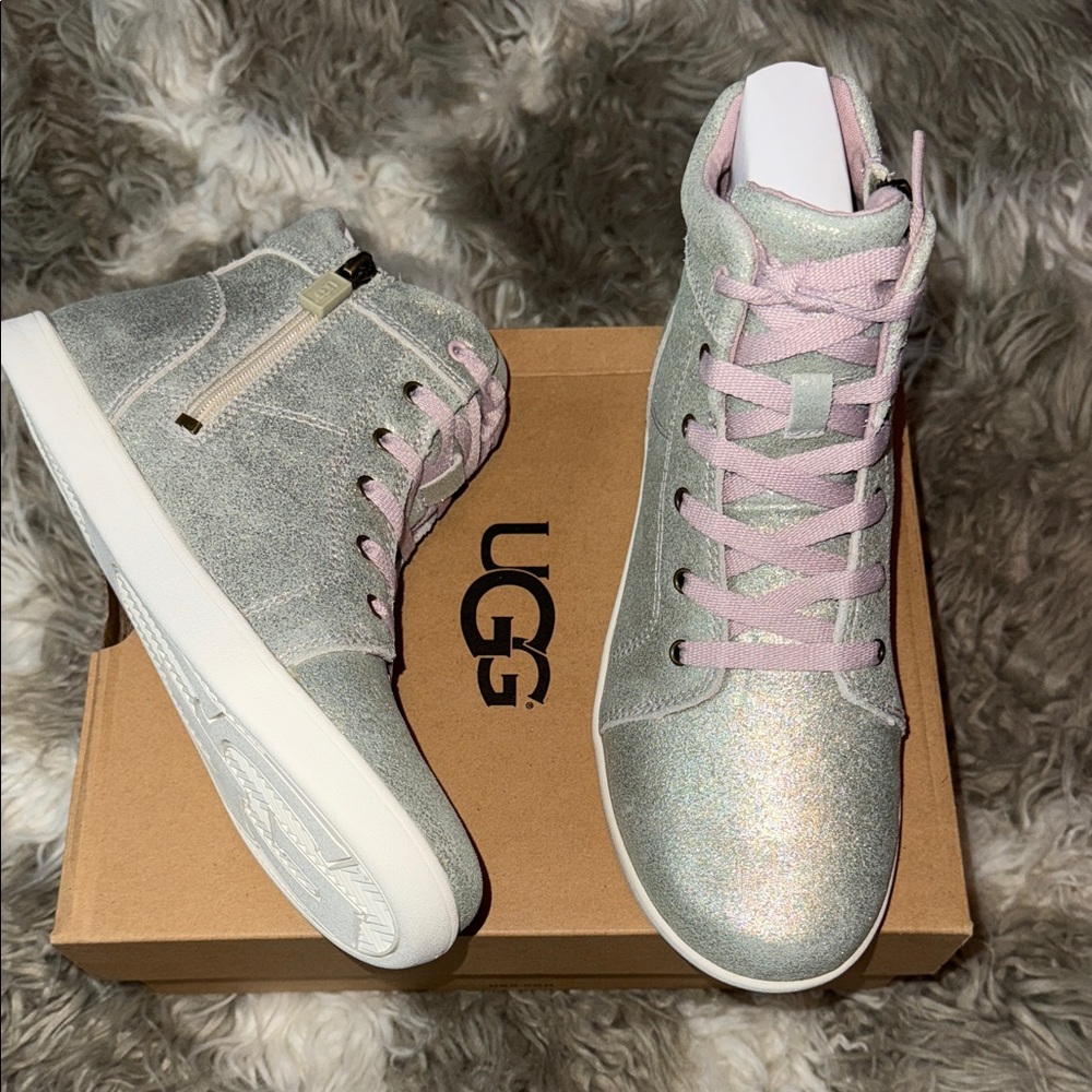 UGG Glittery Silver Sneakers with Pink Accents